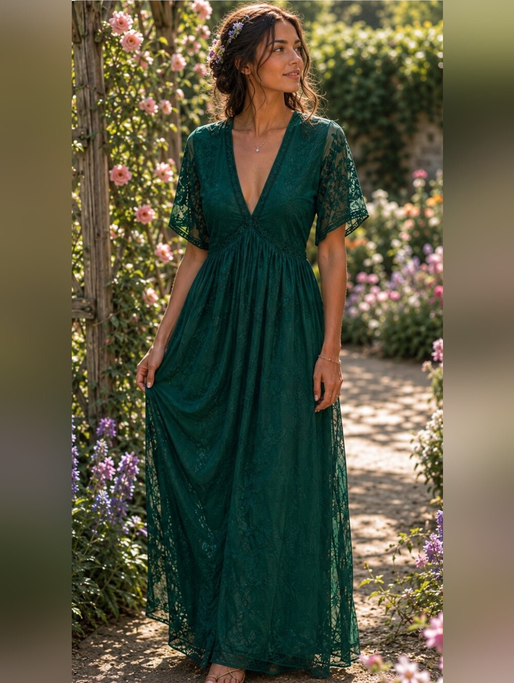 Boho Maxi Dress Lace Embroidered Emerald Green Whimsical Coquette Fairy Large